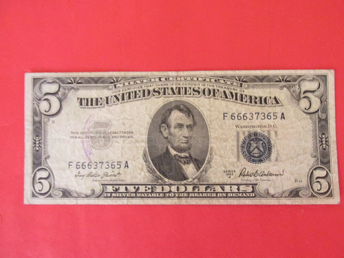 Antiguo Billete 5 Dolares Estados Unidos Año 1953 Escaso