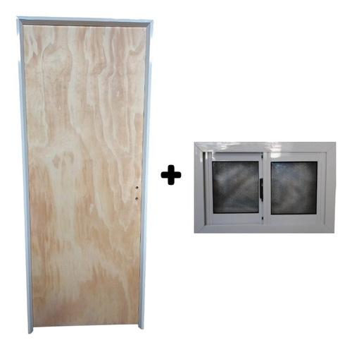 Combo Puerta Placa Pino Js Marco Aluminio + Ventiluz 40x30 80 Derecha