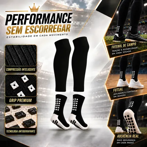Kit Meia Antiderrapante Grip E Meião Cortado Canelito Sem Pé Futebol Futsal Society Esportivo Unissex Alta Aderência Conforto Treino Jogo Chuteira Performance Profissional Preto