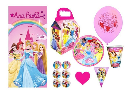 Paquete Fiesta Para 20 Niños Princesas Disney Personalizado