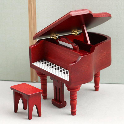 Piano Con Silla Roja Para Casa De Muñecas 1:12, Casa De