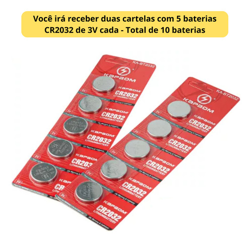 10 Pilhas Bateria Moeda Cr2032 - 2 Cartelas C/5 Unidades