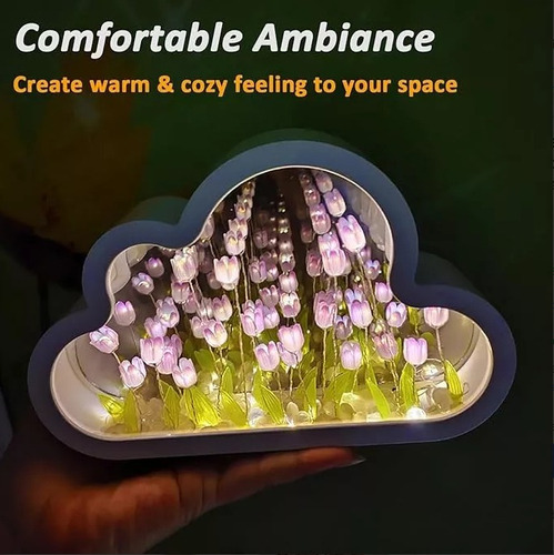 Luz Lámpara Noche Flor Tulipanes Nube Con Espejo Romántica