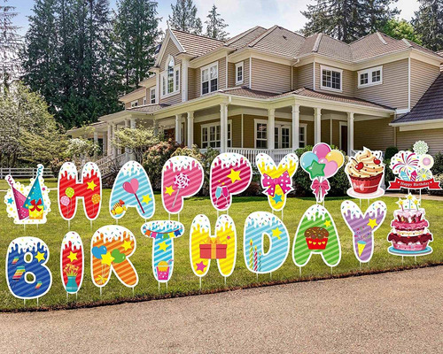 18 Pieces Happy Birthday Yard Signs With Stakes Large Happy