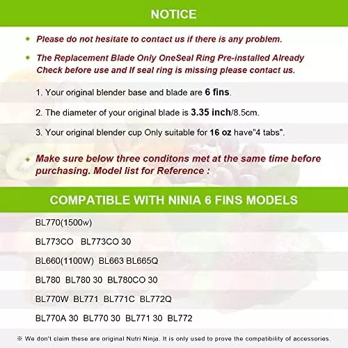 Piezas de repuesto para vaso Ninja Blade de 16 onzas, cuchilla de licuadora  para Nutri Ninja BL660 1100W, Ninja BL771 30, Ninja BL770 1500W, BL780CO