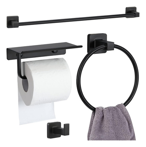 Juego De 4 Estantes De Baño Negro Mate Con Barra De Toalla D