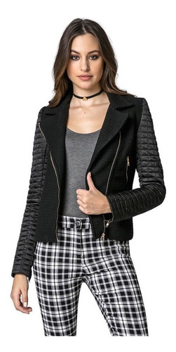 Imagem 4 de 4 de Jaqueta Casaco Biker Tweed Com Mangas Matelassê Seiki 710006