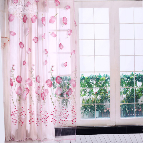 Cortinas De Tul, 100 X 200 Cm, Con Estampado De Tulipanes, C