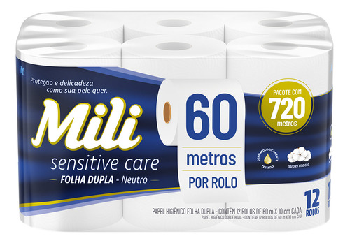 Papel Higienico Mili 60m Folha Dupla 12 Rolos Sensitive Care