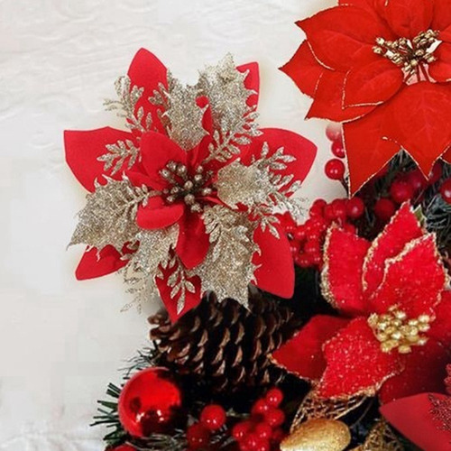 Mc 40 Piezas De Flores Navideñas, Oro Rojo, Cabezas De