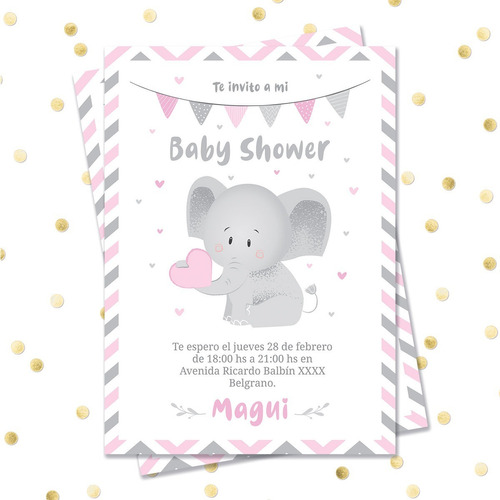 Imagen 1 de 4 de Invitación Digital + Imprimible - Elefante Baby Shower Rosa