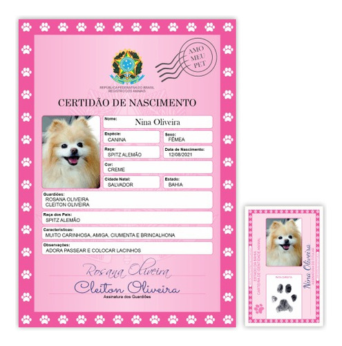 Certidão De Nascimento Pet E Rg Pet Cão Gato  Outros Animais