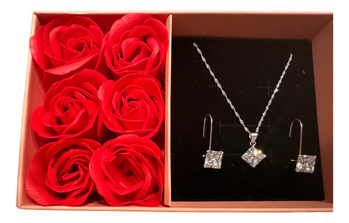 Regalo Mujer Conjunto Collar Y Aros Plata C Rosas Día Madre 