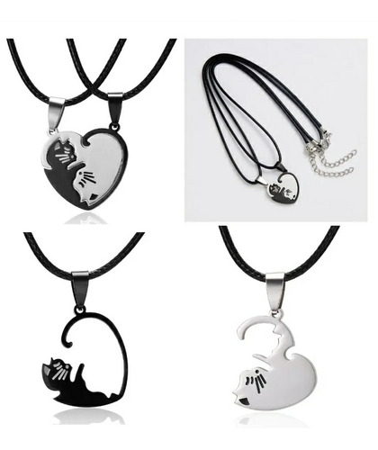 Collar Parejas Novios Acero Corazón Yin Yang Gato Amistad