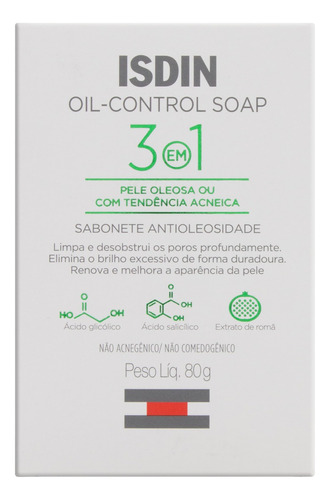 Sabonete Barra 3 em 1 Oil-Control Soap Isdin Caixa 80g
