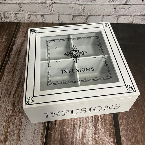 Caja Infusiones Te Madera 4 Divisiones Tapa Vidrio Infunciones