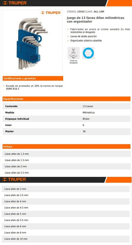 Juego Set Llaves Allen Hexagonales 13pz Milimetricas Truper