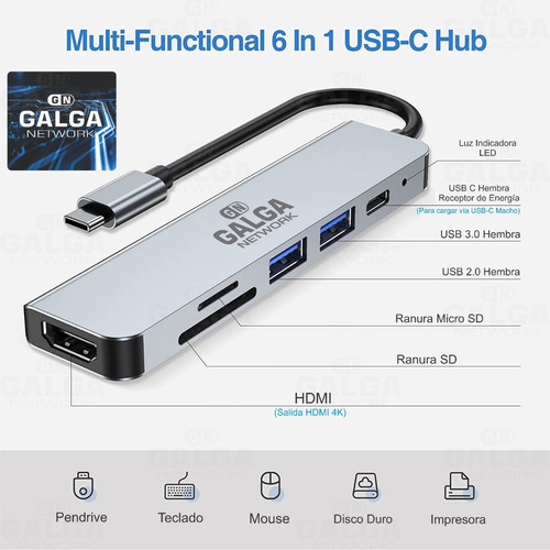 Imagen 4 de 9 de Adaptador Hub Multipuerto 6 En 1 Tipo C Hdmi Mac Pc Android
