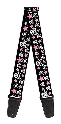 Correa De Guitarra Calaveras Estrellas Negro Blanco Rosa 2 P