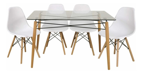 Juego De Comedor Mesa Vidrio 120cm + 4 Sillas Eames