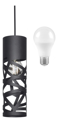 Lampara Colgante Tubo Minimalista C1029 Ferrolux + Foco Led Color Negro Luz Fría