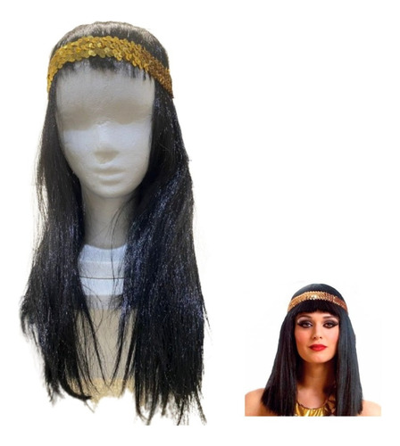Peluca Cleopatra + Vincha Reina Egipto Cotillon Disfraz Color Negro