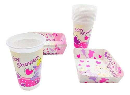 Kit 12 Vasos 12 Platos Decorativos Baby Shower Niña Animales