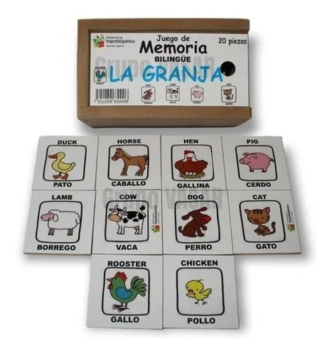 Juego De Memoria Animales De La Granja Bilingüe Didáctico