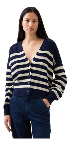 Chaleco Mujer Gap Cardi Con Botones Rayado Azul