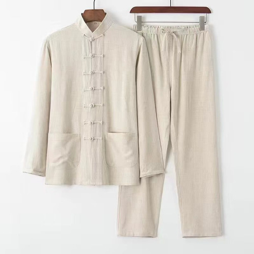Conjunto De Traje Tang De Algodón Y Lino Para Hombre De Otoñ
