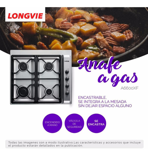 Imagen 3 de 6 de Anafe A Gas Longvie A6600xf 4 Hornallas Acero Inox 12cts