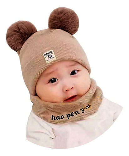 Gorro Con Pompones + Cuello Para Bebe Invierno Hw-053