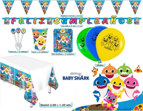 Kit Infantil Decoración Fiesta - Baby Shark X12 Invitados