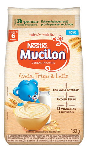 Cereais Infantil Nestlé Mucilon Aveia, Trigo & Leite em pacote 180 g