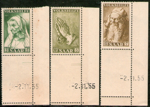 Saar-sarre 3 Sellos Mint Sobretasa = Pinturas Durer Año 1955