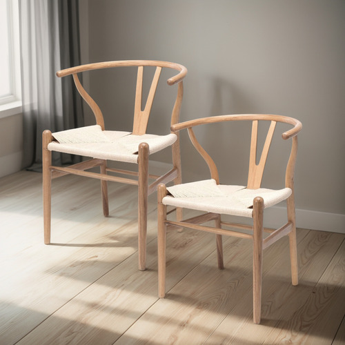 Pack 2 Sillas De Comedor Wishbone De Madera Estructura De La Silla Natural Asiento Natural Diseño De La Tela Tejido