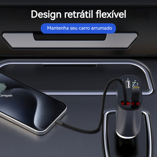 Carregador Turbo De Carro Retrátil Para iPhone Com 2cabo+led