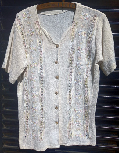 Blusa Puro Algodón Crudo Bordada En Tonos Pastel M/c Talle L