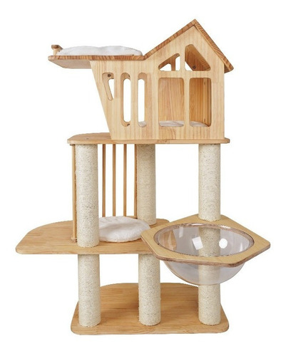 Torre Árbol Rascador Para Gato De Madera Con Casita 120cm