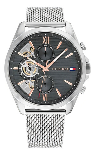 Reloj Tommy Hilfiger Hombre Clásico 1710646 Multifuncion Malla Plateado Bisel Plateado Fondo Gris Oscuro