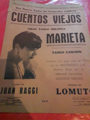 Partitura Cuentos Viejos Tango Marieta Azucena Maizani Raggi (Usado)