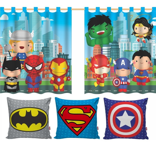 Kit Cortina Infantil Super Herois Quarto Criança Cort-kit12 Cor Azul