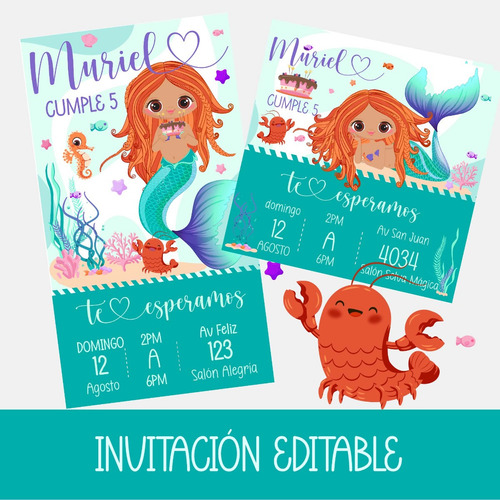 La Sirenita Kit Imprimible Candy Cajitas Invitacion Editable