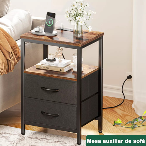 Banna Mesilla De Noche Vintage De 60 Cm Estación De Carga Con 2 Tomas De Corriente Y 2 Puertos Usb Energía A Tu Alcance 4 Zonas De Almacenamiento Robusta Y Estable