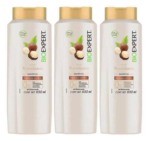 3 Shampoo Bioexpert Macadamia Hidratación Anti-frizz 650ml