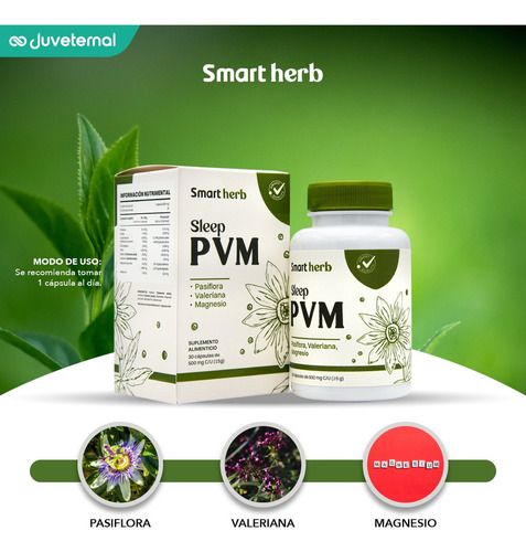 Pack 2 Suplementos Alimenticios Smart Herb Anahuac Sleep PVM en Frasco con 30 Cápsulas cada uno con Magnesio para Mejorar el Sueño