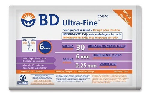 Seringa De Insulina Bd Ultra Fine 30ui 6mm ( 10 Seringas)