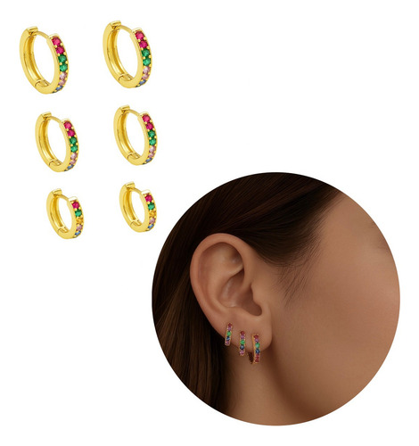 Brincos Évidence Argola Zircônias Banhado Ouro 18k 6