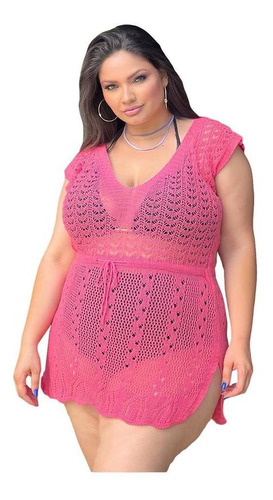 Saída De Praia Decote Tricot Plus Size Cordão Acinturada 