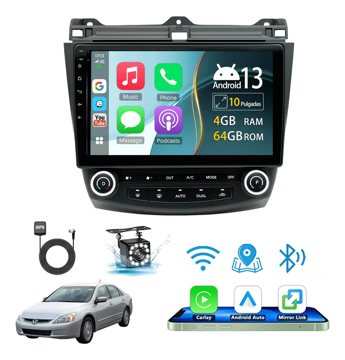 Autoestéreo Pantalla Android 4+64GB Para Honda Accord 2003-2007 CarPlay Android Auto Inalámbrico Hifi Auto Estéreo Táctil Ips Cámara Mirror Link Wifi Bluetooth GPS FM HD AUX USB pantallas para carro